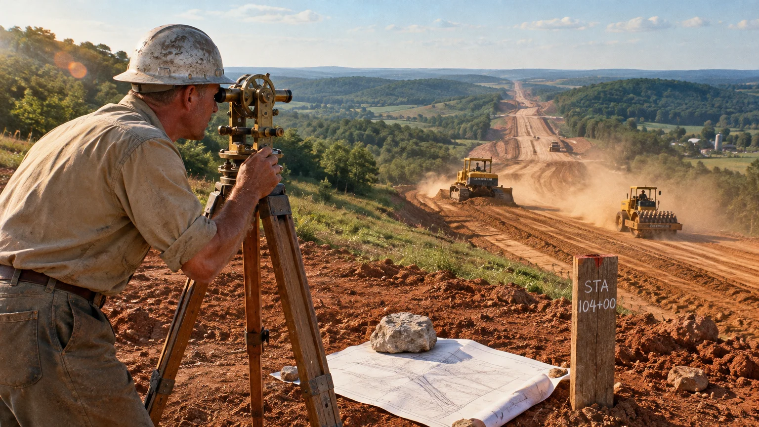 A surveyor in a hard hat looks through a theodolite overlooking heavy machinery clearing a dirt highway through hills.