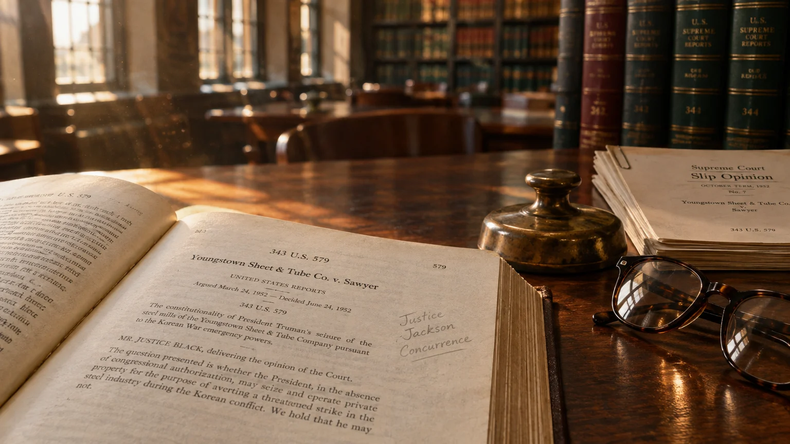 Open law book showing Youngstown Sheet and Tube Co. case beside eyeglasses and documents on a wooden desk in a library.