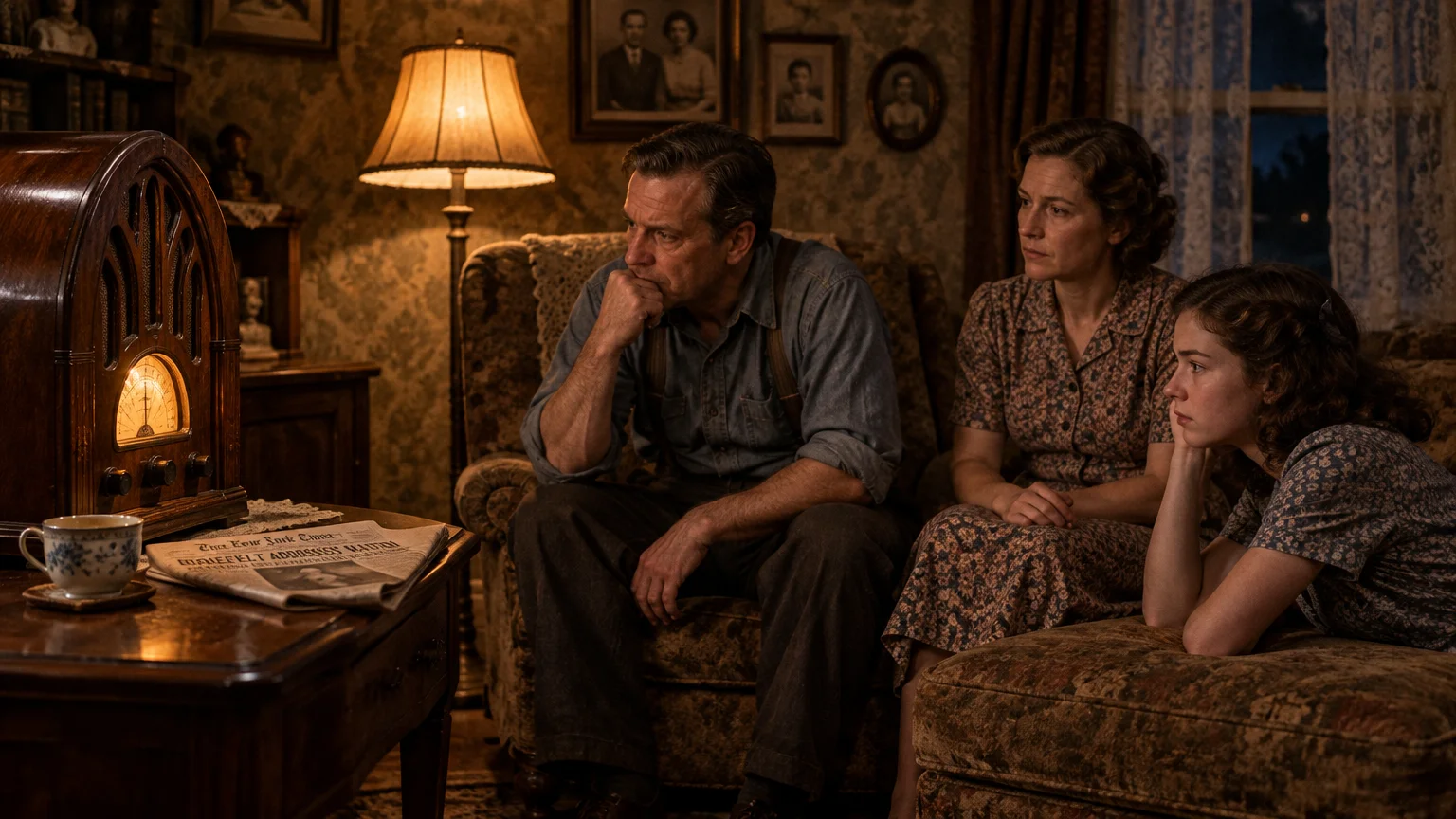 A man, woman, and young woman sitting in a dim living room intently listening to an illuminated cathedral-style tabletop radio.