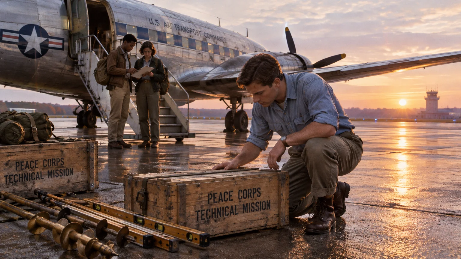 A man inspects wooden Peace Corps crates on an airport runway at sunrise beside a vintage military transport plane.
