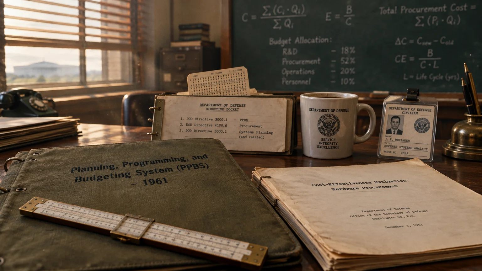 A 1961 Defense Department binder, slide rule, procurement papers, ID badge, and coffee mug sit on a wooden desk.
