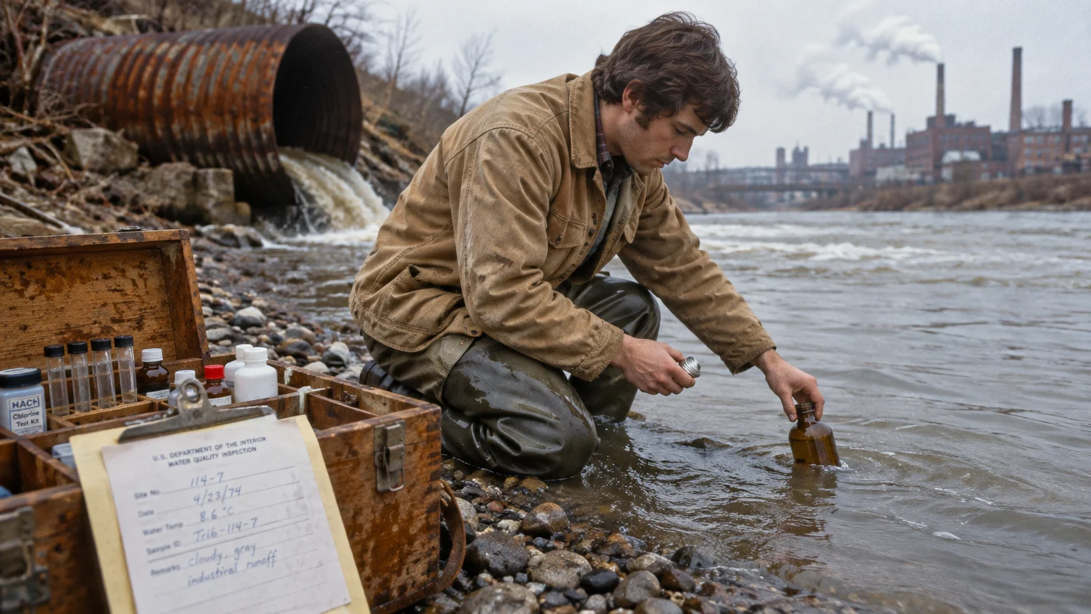 A man collects a river water sample near a drainage pipe, with testing kits, a clipboard, and factories in the background.