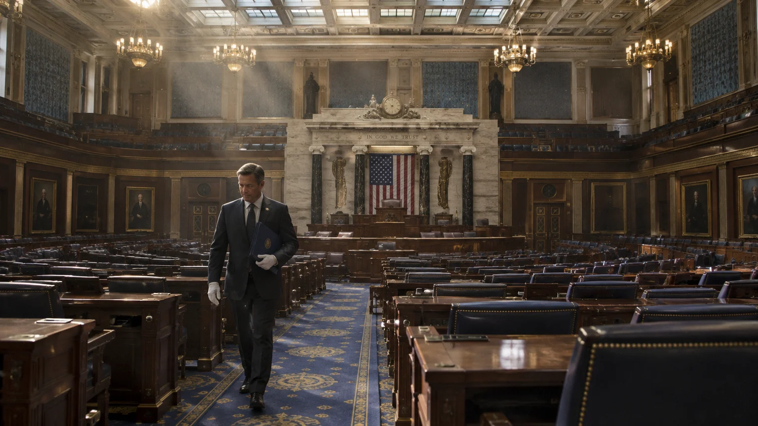 A man in a dark suit walks through an empty House of Representatives chamber beneath sunbeams streaming from the ceiling.