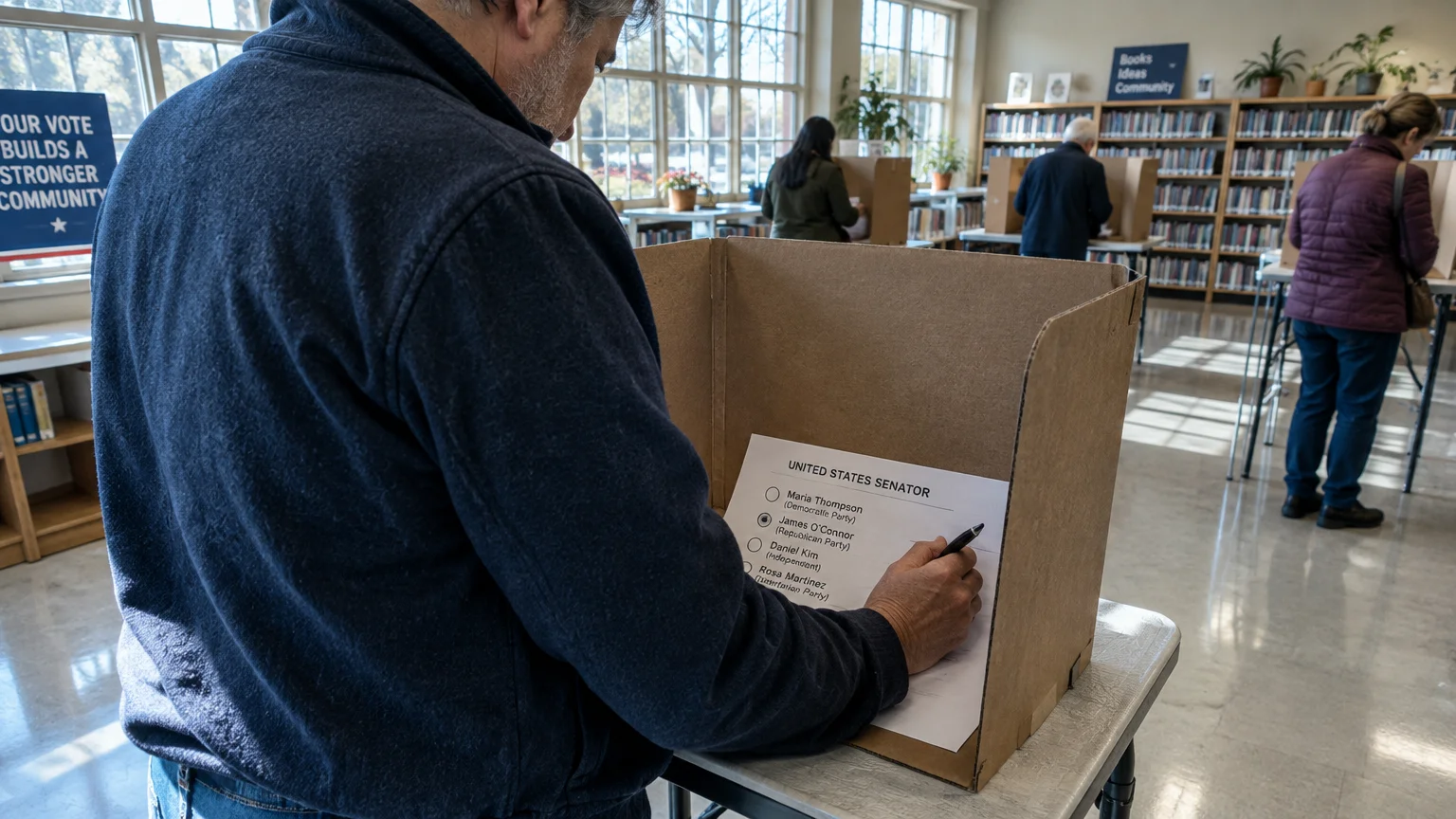 A man marks a paper ballot for United States Senator inside a cardboard voting booth at a library polling station.