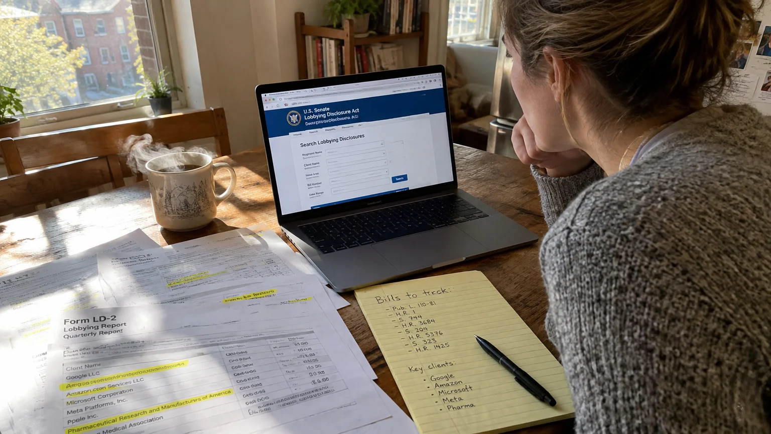 A woman at a wooden table views a Senate lobbying database on a laptop beside printed disclosure forms and a notepad.