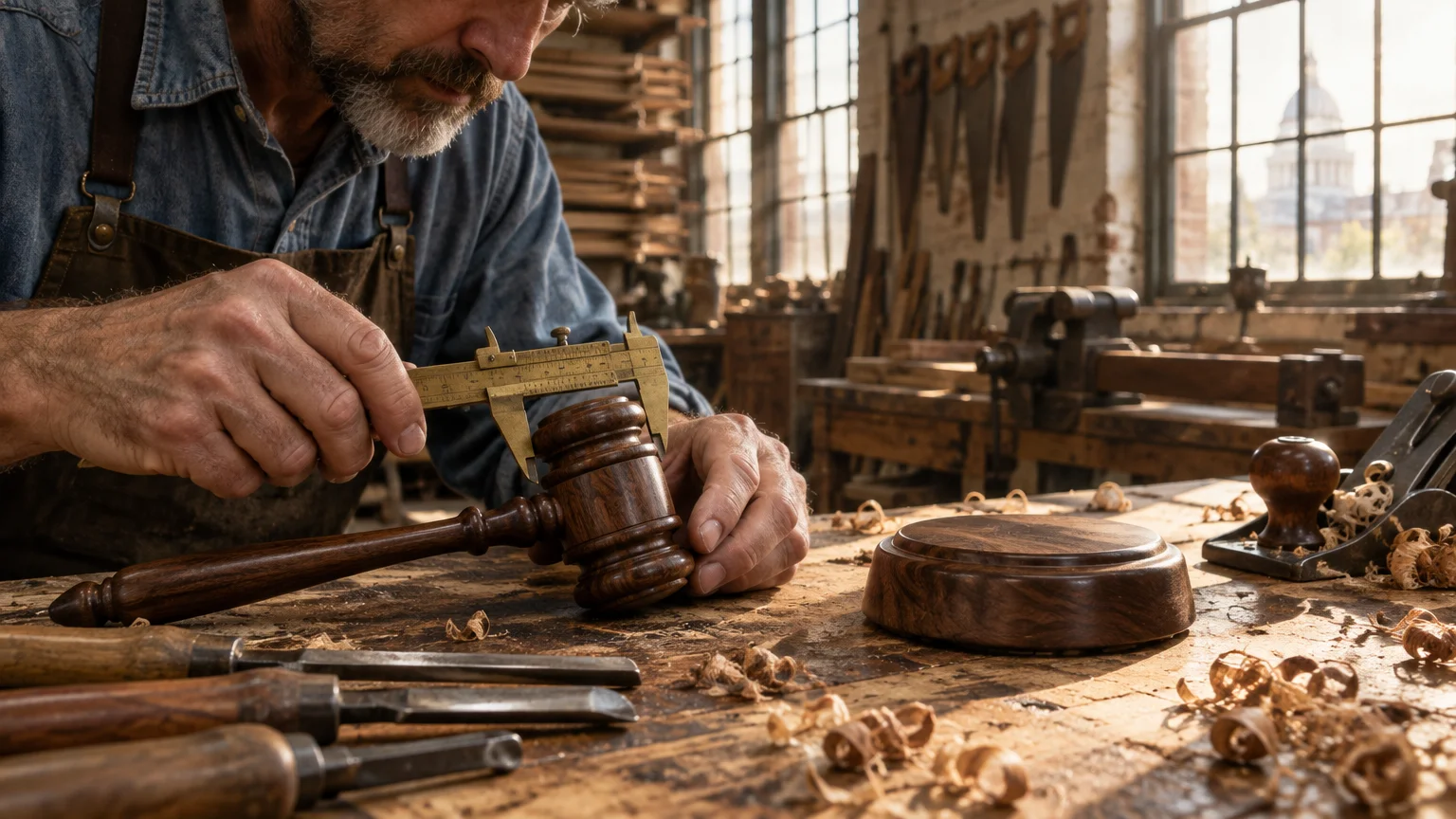 A craftsman in a workshop uses a brass caliper to measure a carved wooden gavel resting beside a sound block.