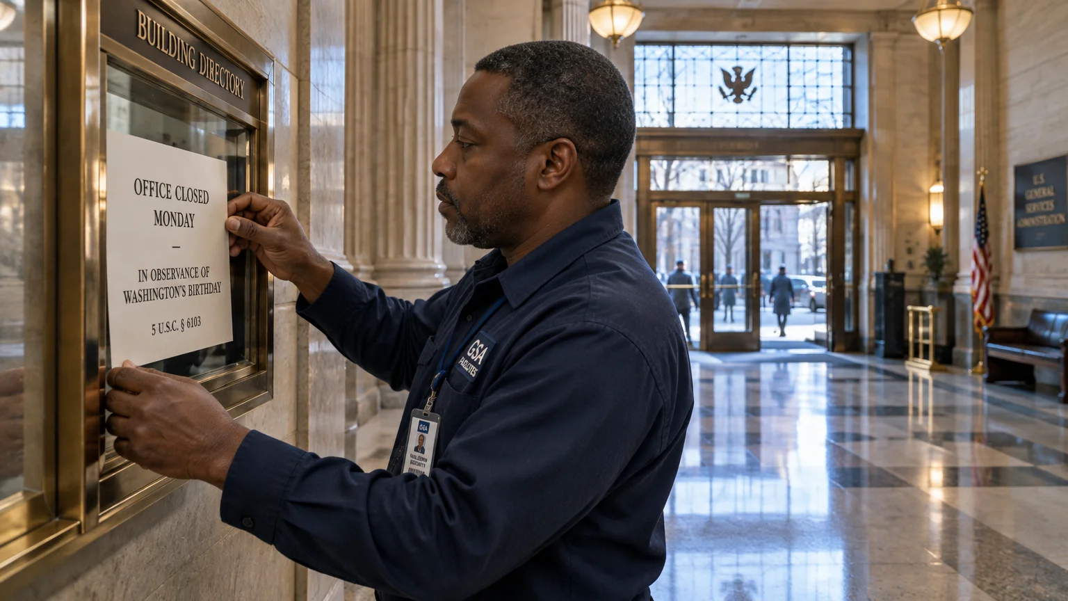 A GSA facilities worker places a sign reading Office Closed Monday In Observance of Washington's Birthday inside a directory.