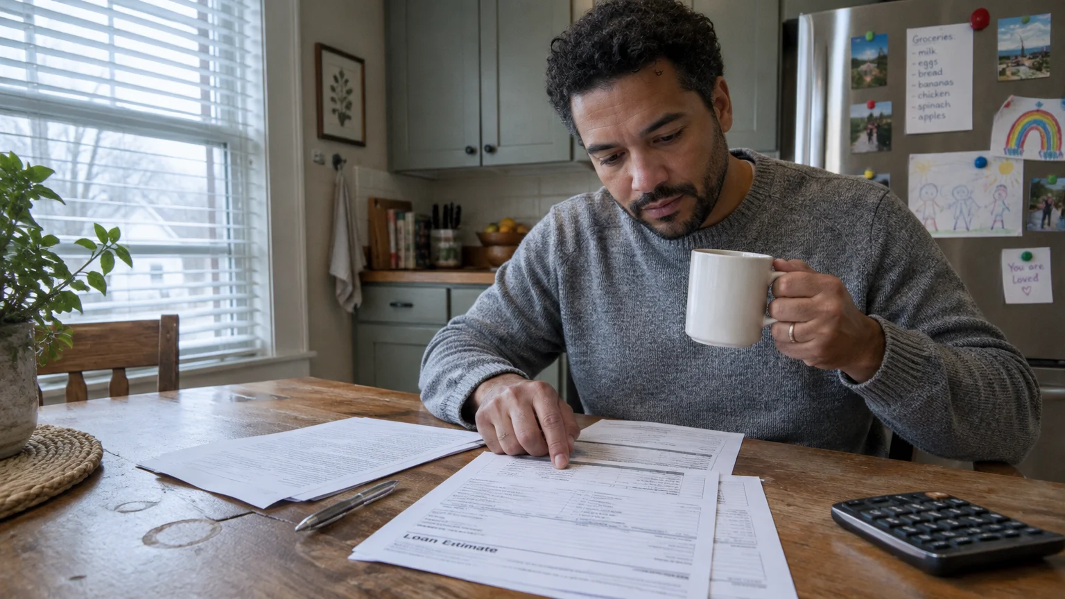 A man sits at a wooden kitchen table holding a mug while reviewing a loan estimate document next to a calculator.