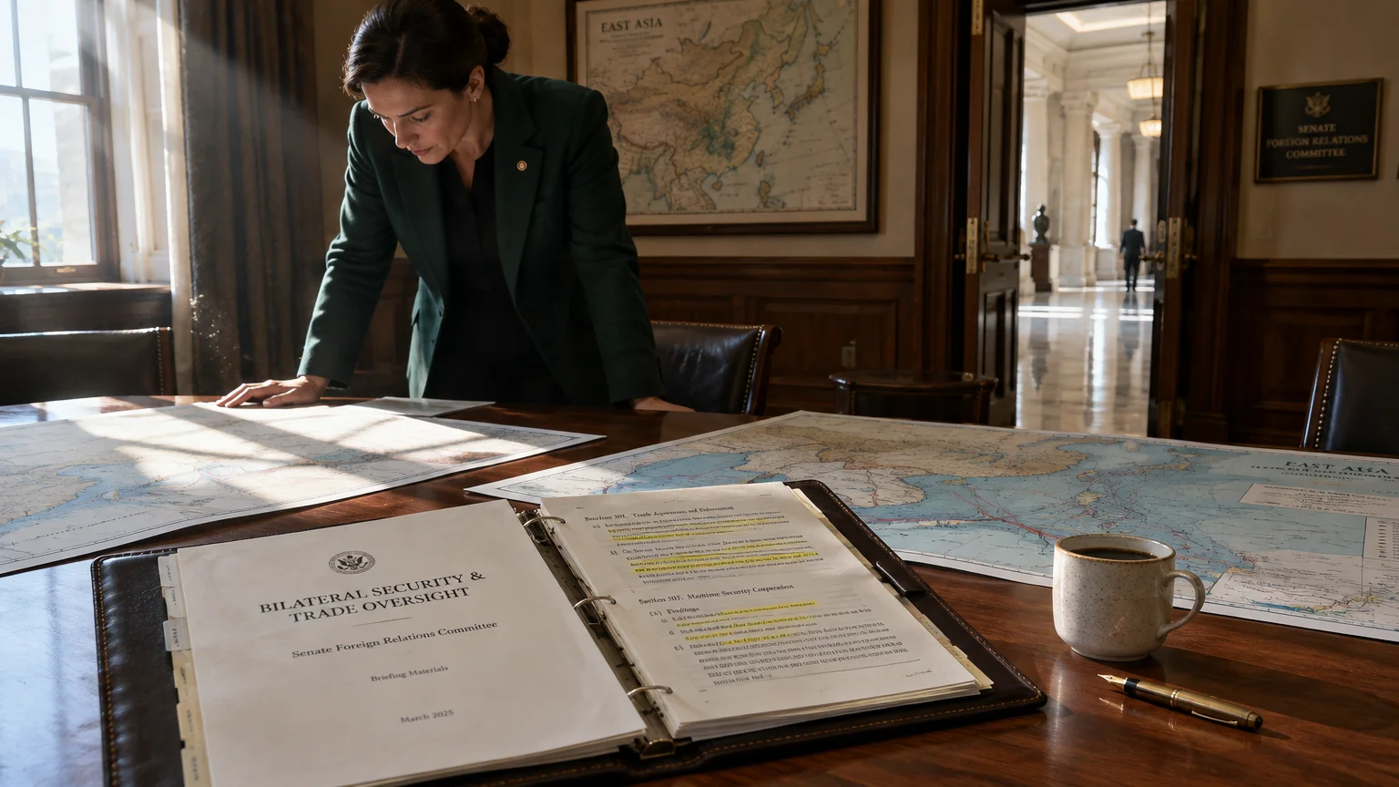 A woman in a blazer leans over a conference table examining maps, an open briefing binder, and a coffee mug.