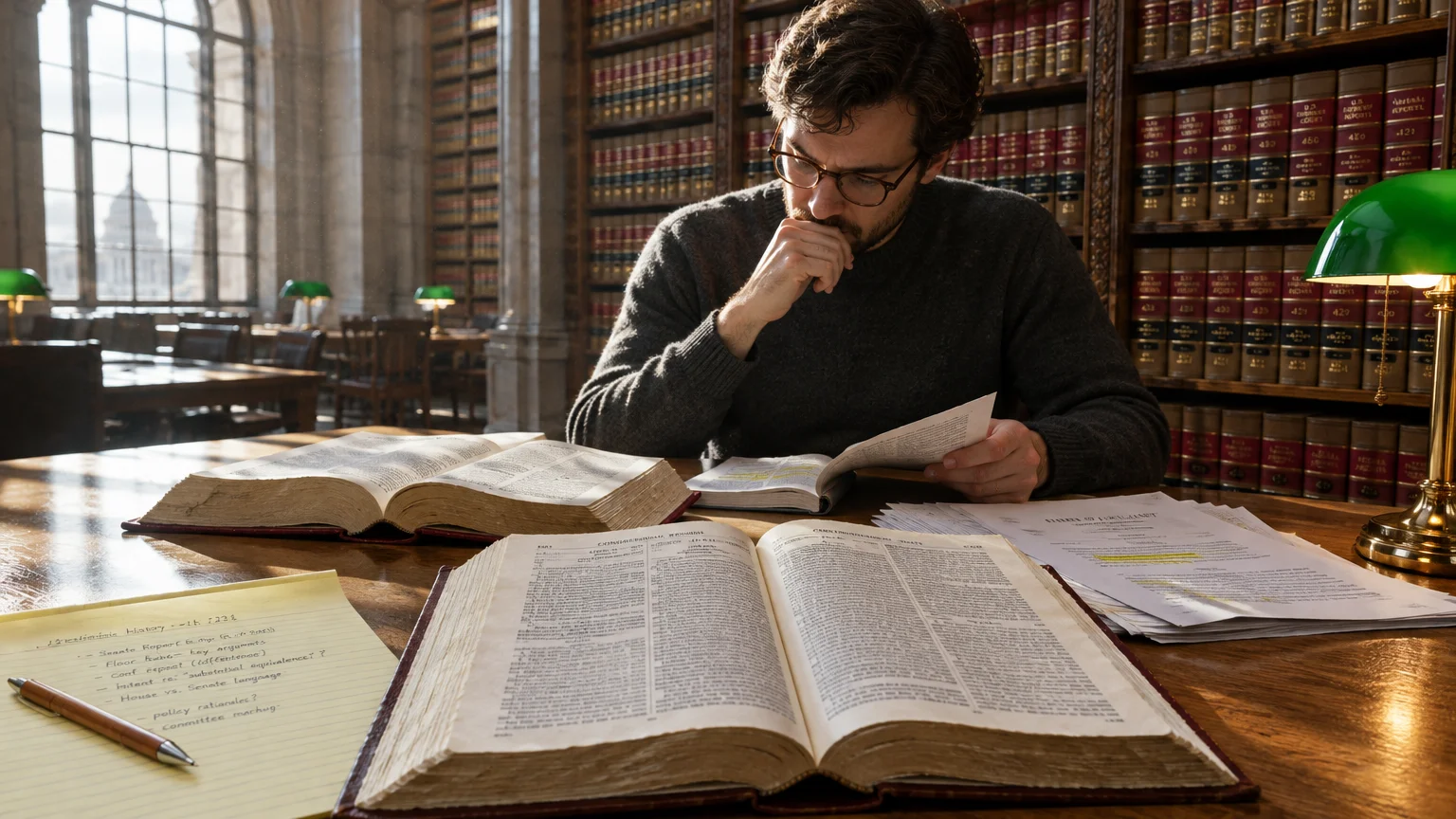 A man wearing glasses sits at a library desk studying open legal volumes and paperwork beside a green desk lamp.