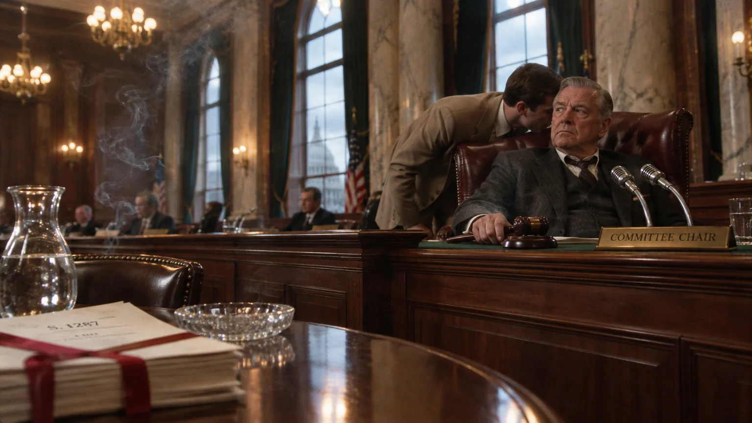 A committee chair in a suit sits with a gavel at an ornate wooden dais while an aide whispers in his ear.