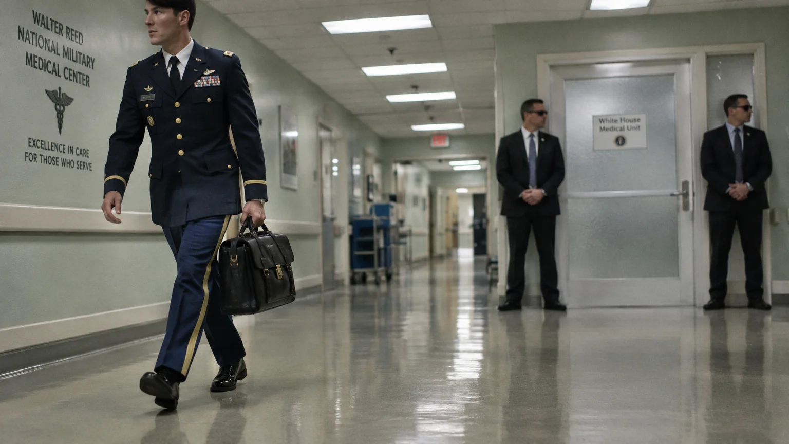 A military officer carrying a briefcase walks down a hospital hallway past security guards outside a White House Medical Unit.