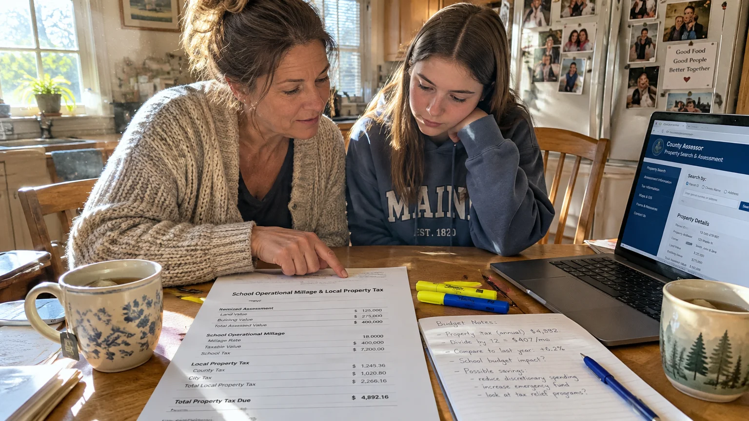 A woman and teenager review a local property tax statement and budget notes at a wooden table beside an open laptop.