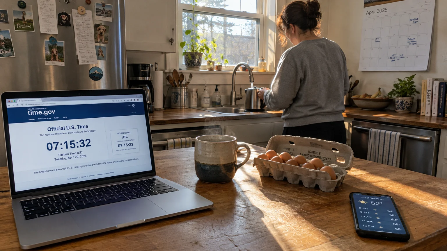 Laptop displaying time.gov on a kitchen counter beside a mug, open egg carton, smartphone, and woman at the sink.