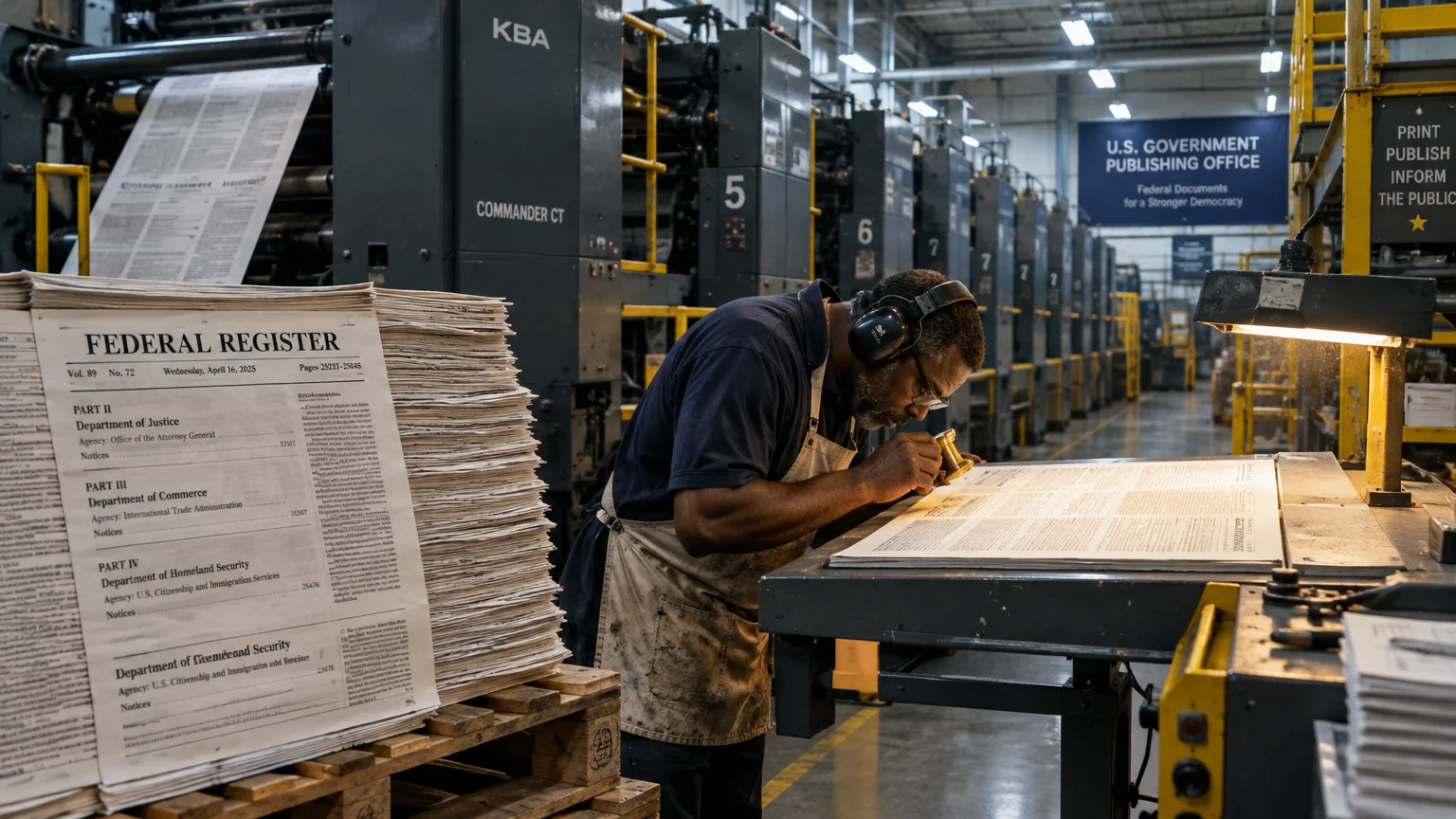 A printer inspects sheets beside a stack of Federal Register pages at the U.S. Government Publishing Office.