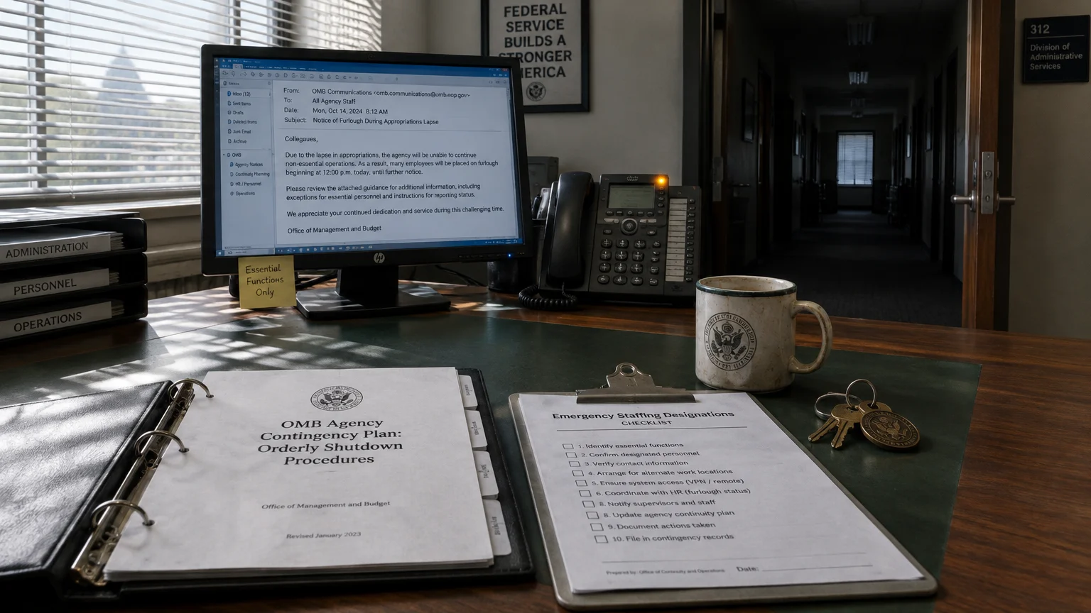 Office desk with a computer displaying a furlough notice, an OMB contingency binder, staffing checklist, and coffee mug.