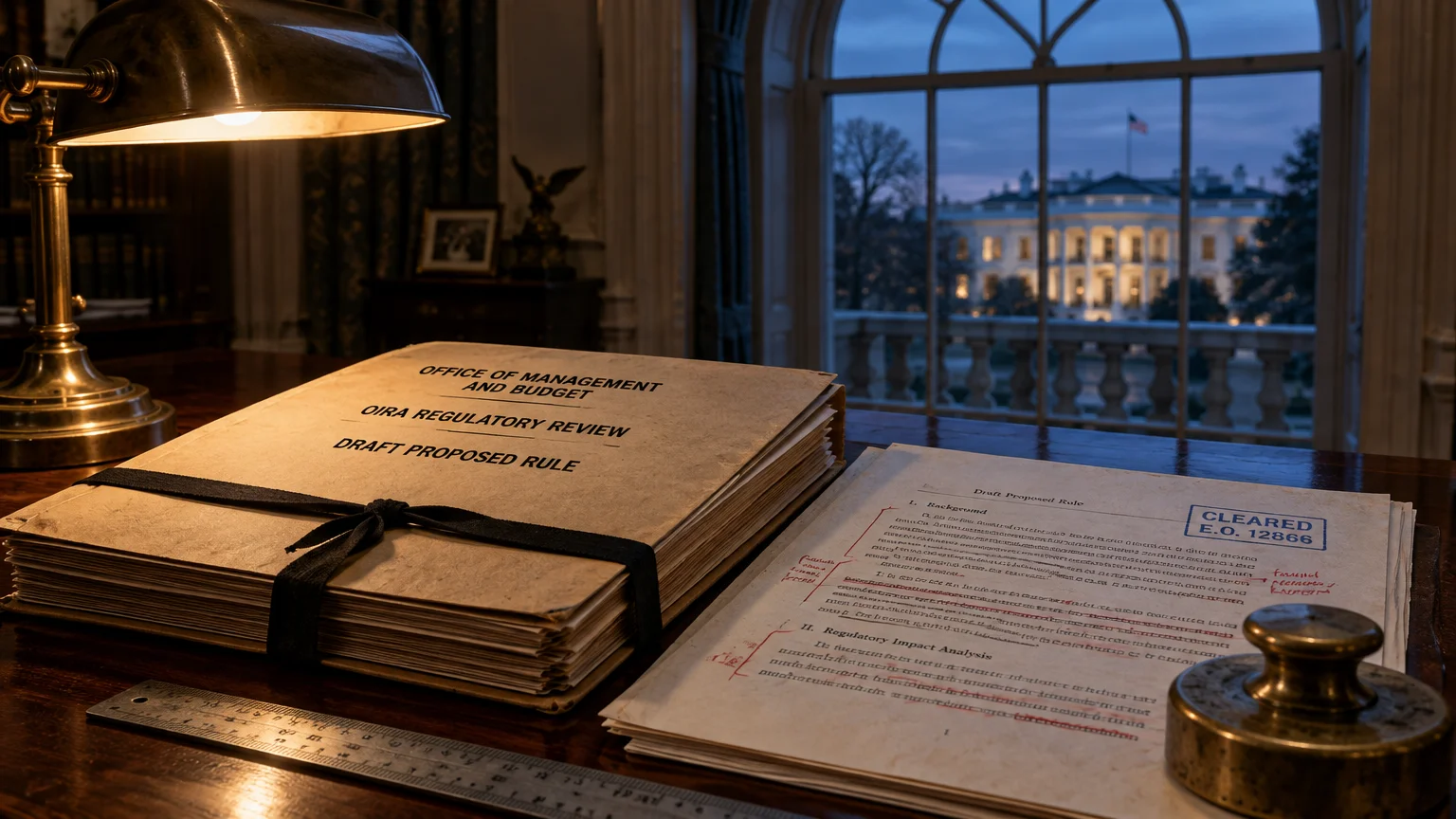 A binder labeled OIRA Regulatory Review on a desk beside marked draft rules, with the White House seen through a window.