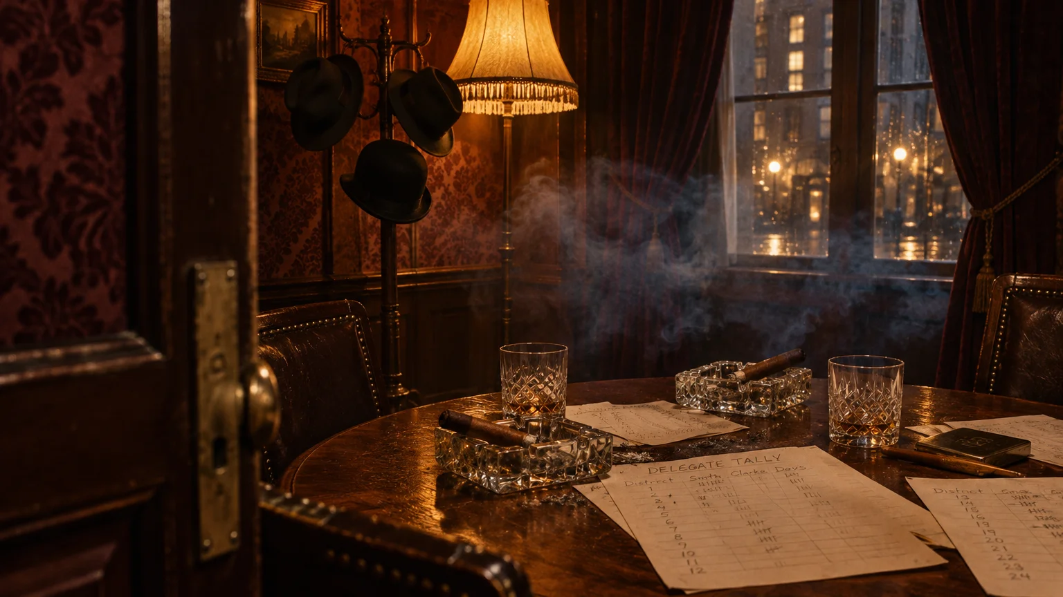 Cigars burn in crystal ashtrays beside whiskey glasses and delegate tally sheets on a round wooden table in a dimly lit room.