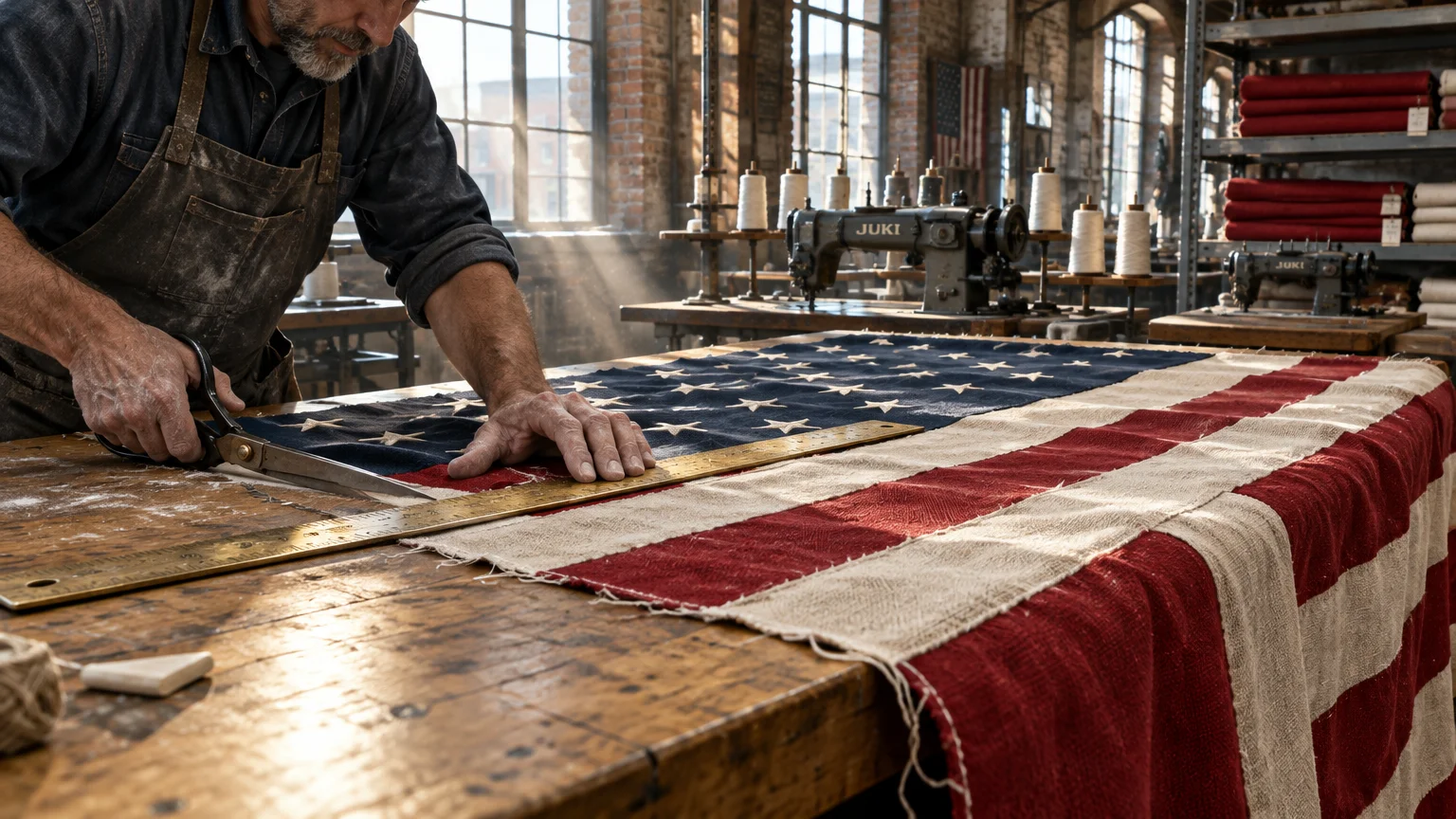 A craftsman in an apron uses large shears and a ruler to cut an American flag on a wooden workshop table.