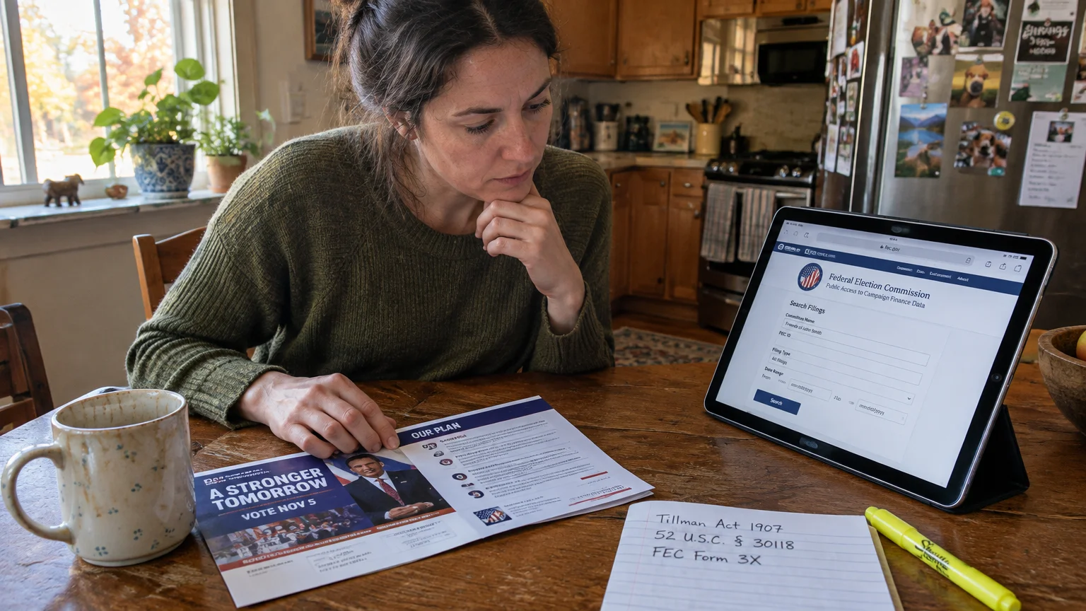 A woman sitting at a table with political campaign mailers, handwritten notes, and a tablet showing the FEC website.
