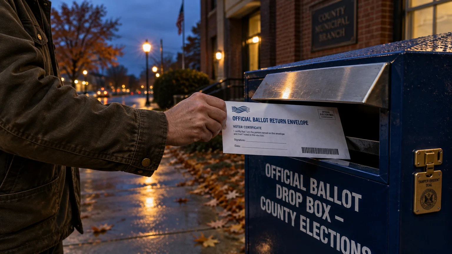 A person inserts an official ballot return envelope into a blue county elections drop box outside a brick building.