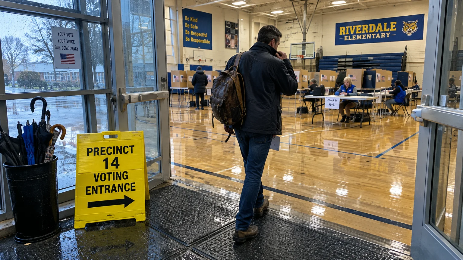 A man wearing a backpack walks past a yellow voting entrance sign into an elementary school gymnasium polling station.