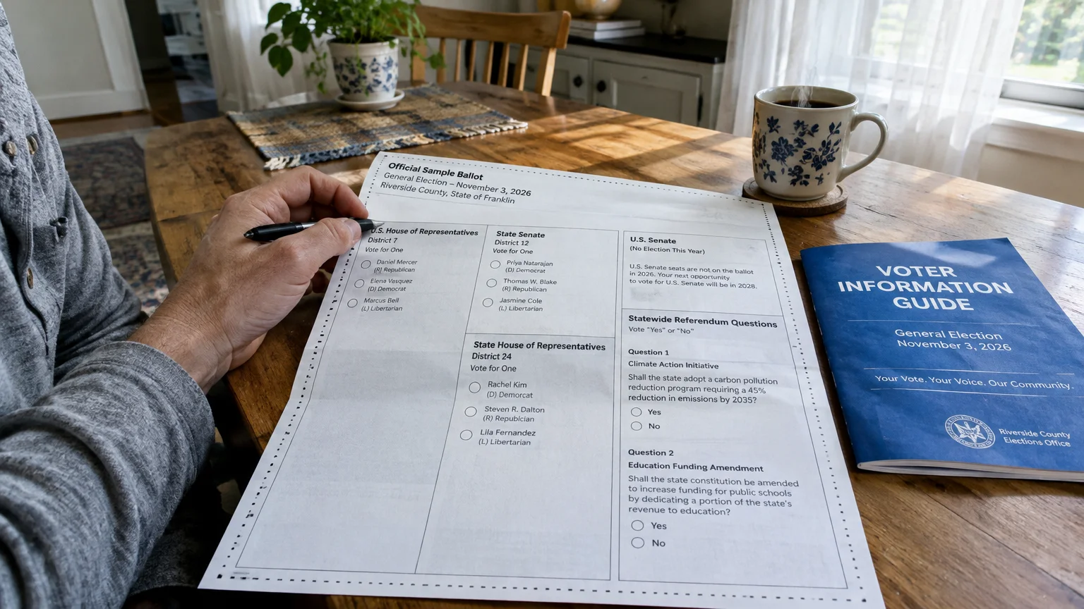 A person holds a pen over a 2026 sample ballot beside a blue voter guide and coffee mug on a wooden table.
