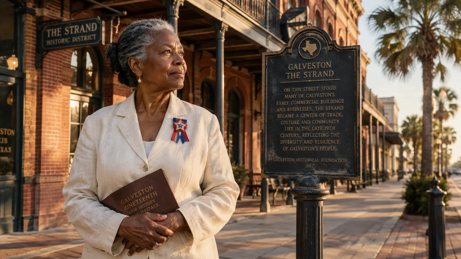 An older Black woman in a cream suit holds a book beside a historical marker in Galveston's Strand district.