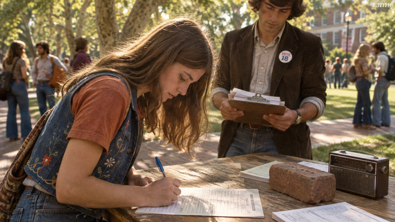 A young woman fills out paperwork at an outdoor table while a man wearing a Vote 18 pin holds a clipboard.
