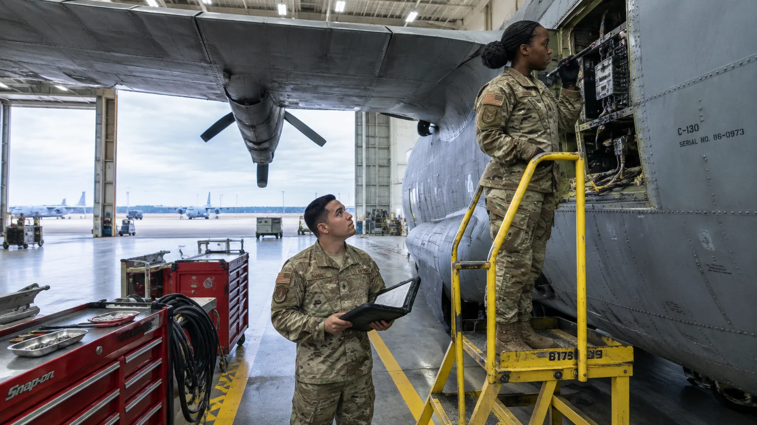 Two Air Force service members in uniform inspect an open panel of a C-130 military transport aircraft inside a hangar.