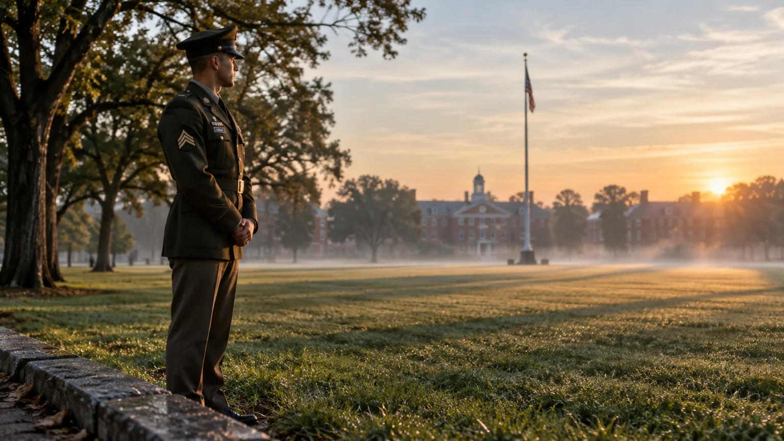 A soldier in service dress uniform standing at attention on a grassy parade ground during sunrise near a flagpole.