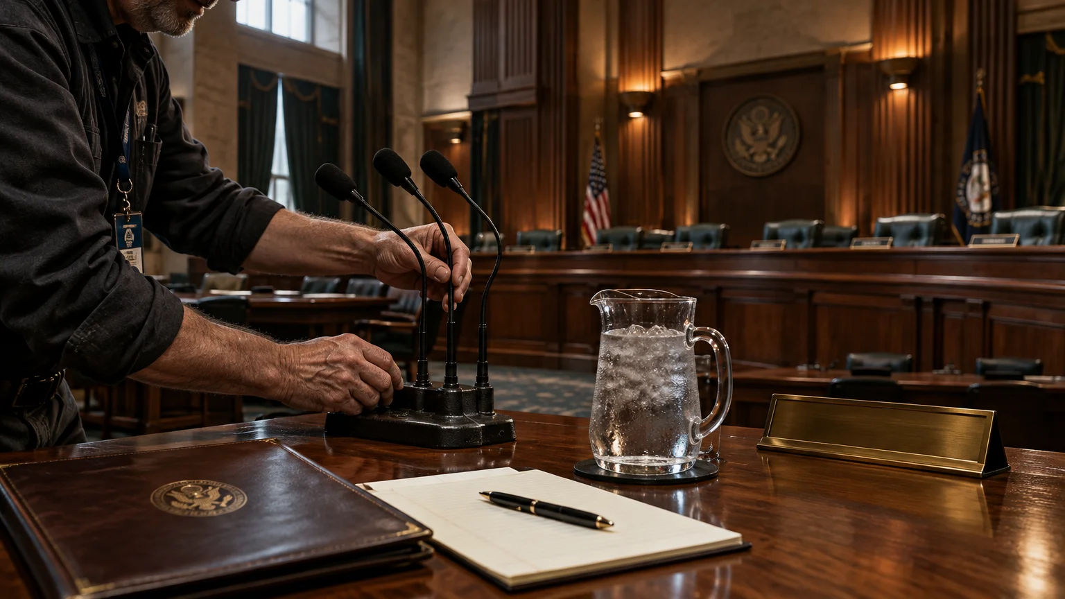 A technician adjusts microphones at a hearing witness table set with a water pitcher, notepad, and leather binder.