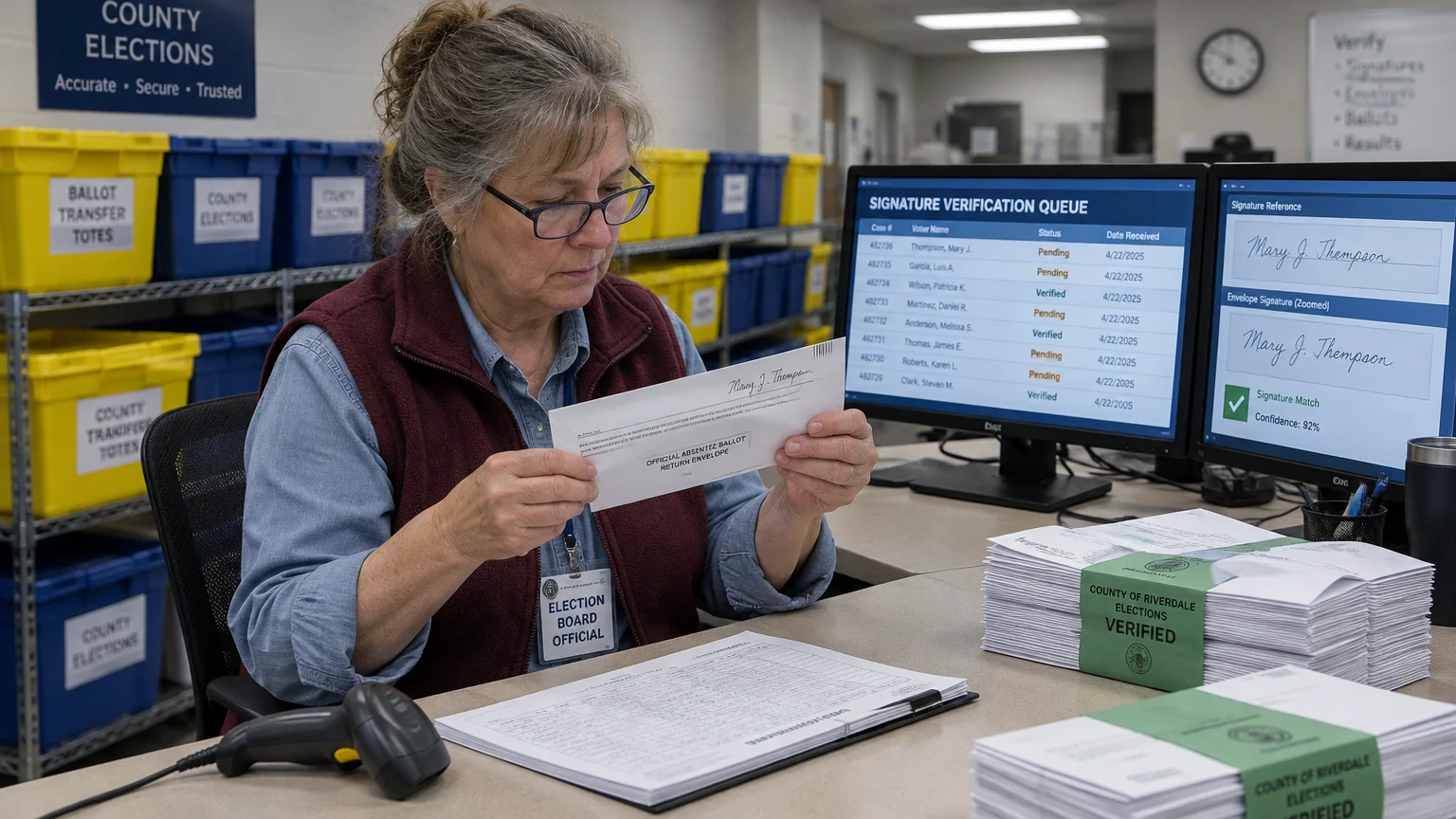Election official verifying a signature on an absentee ballot envelope in front of computer monitors and ballot totes.