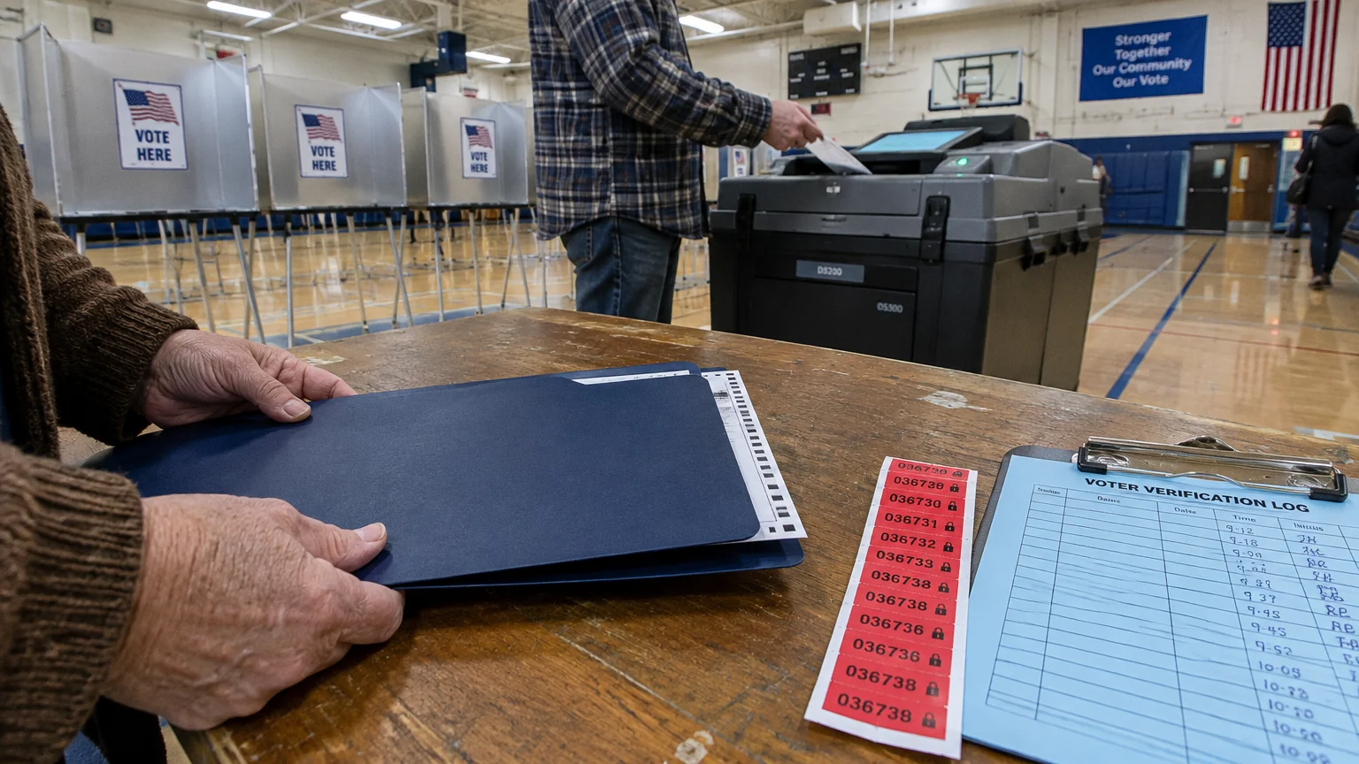 Person holding a ballot folder beside a voter verification log while another voter inserts a ballot into a voting machine.