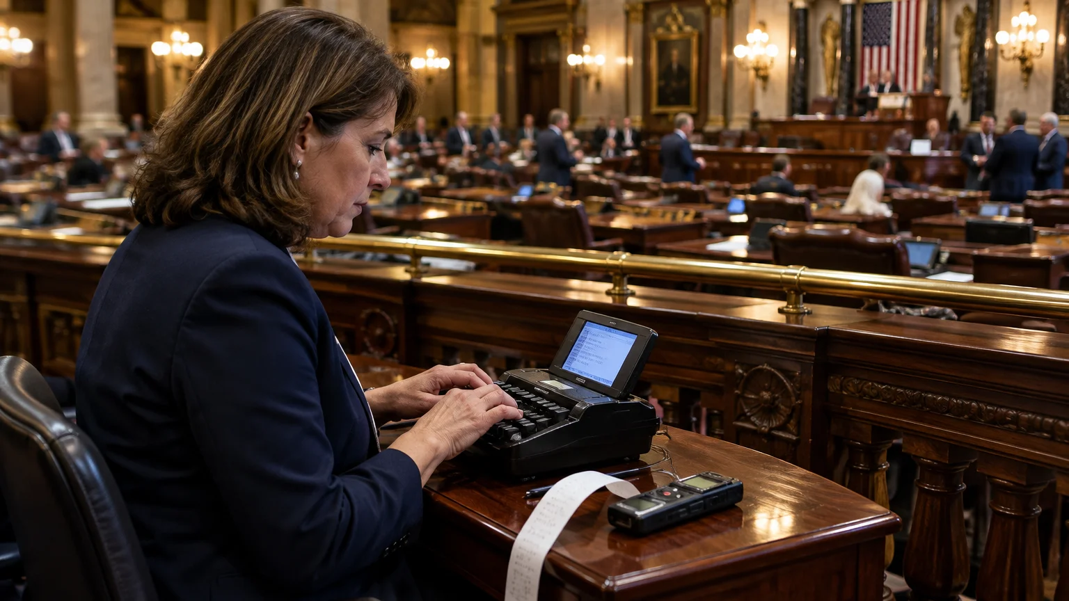 A court reporter types on a stenotype machine overlooking a legislative chamber filled with seated lawmakers.