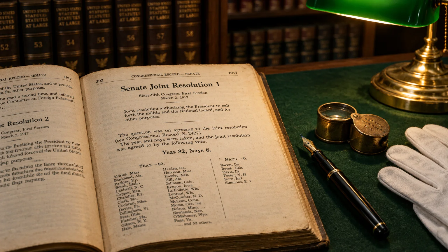 Open volume of the Congressional Record under a desk lamp, showing Senate Joint Resolution 1, beside a pen and gloves.