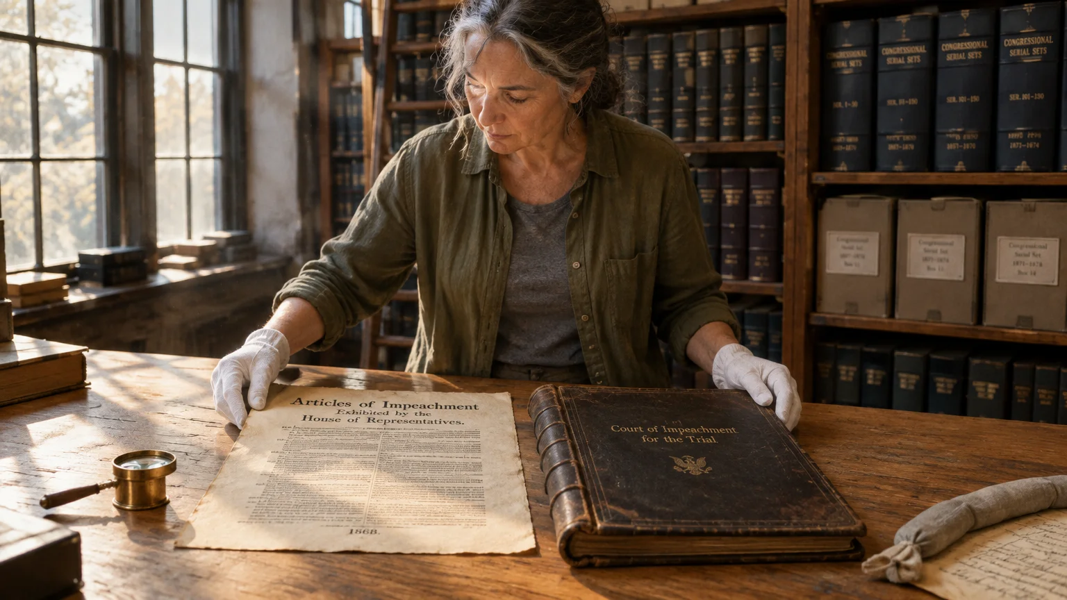 Archivist wearing white gloves examines historic Articles of Impeachment documents in an archival library.