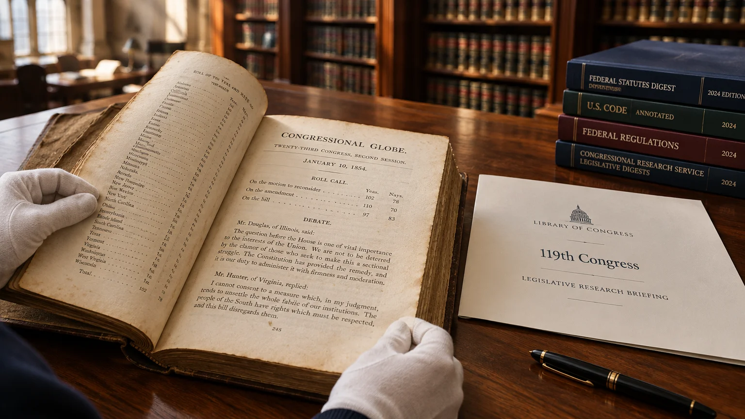 Gloved hands hold open an 1854 Congressional Globe volume next to modern legislative digests on a library desk.