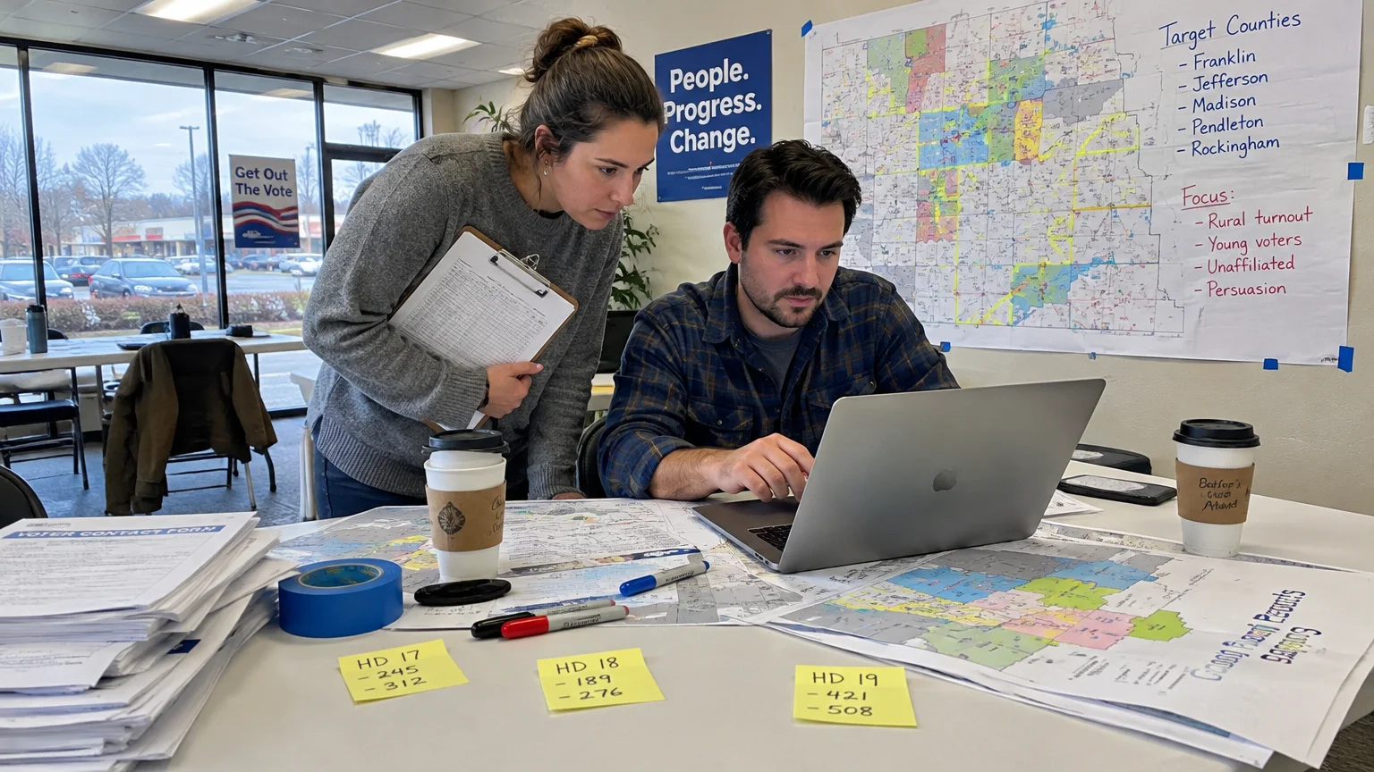 Campaign workers review data on a laptop surrounded by district maps, voter forms, and sticky notes in an office.