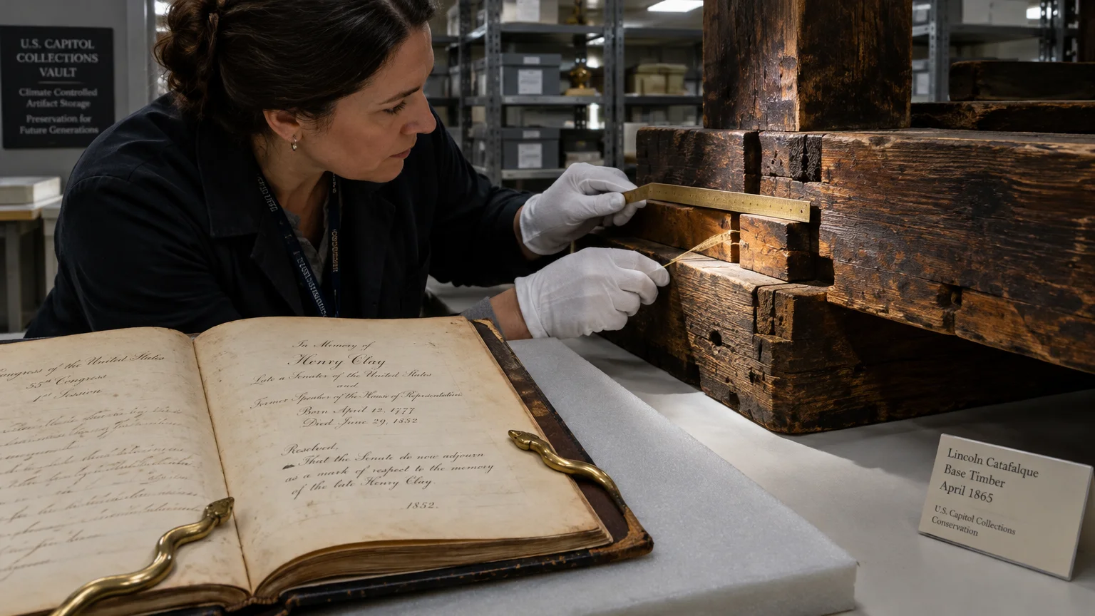 A conservator measures historic wooden timber labeled Lincoln Catafalque next to a memorial record for Henry Clay.