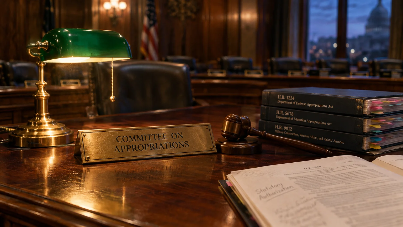 Committee on Appropriations sign, wooden gavel, green lamp, and legislative binders on a desk before a Capitol window.
