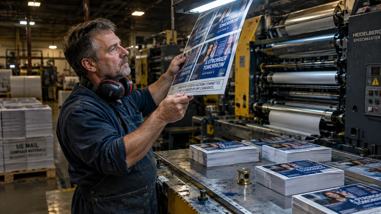A press worker in an apron checks printed political campaign flyers coming off an industrial printing machine.