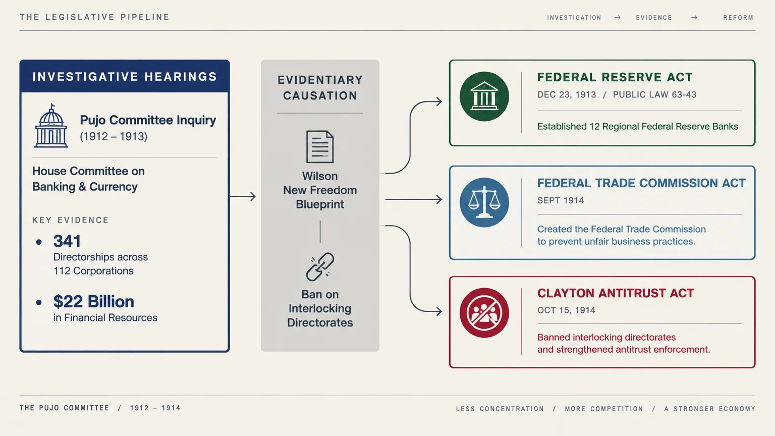 Flowchart connecting the Pujo Committee inquiry to the Federal Reserve Act, FTC Act, and Clayton Antitrust Act.