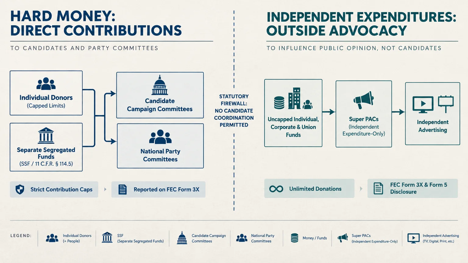 Diagram contrasting hard money direct contributions and independent expenditures separated by a statutory firewall.