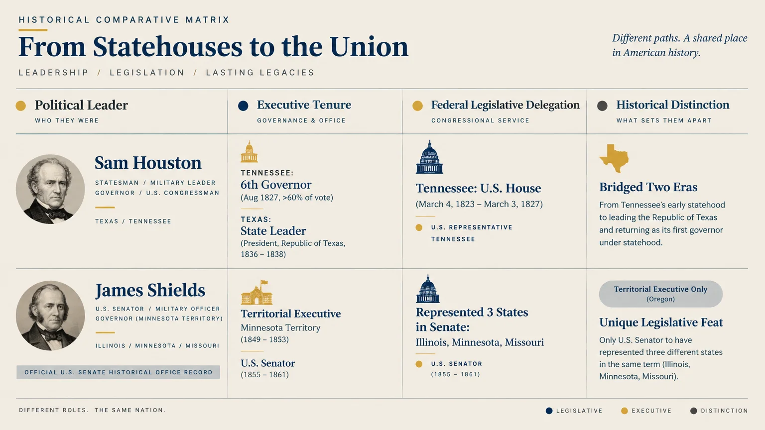 Historical comparative infographic matrix detailing the executive and legislative tenures of Sam Houston and James Shields.