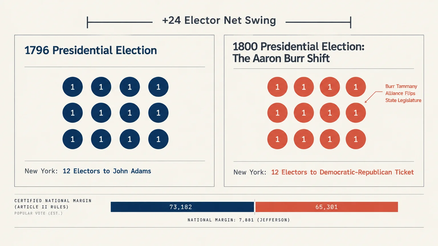 Diagram showing a 24-elector net swing between the 1796 and 1800 elections from New York's 12 electors.