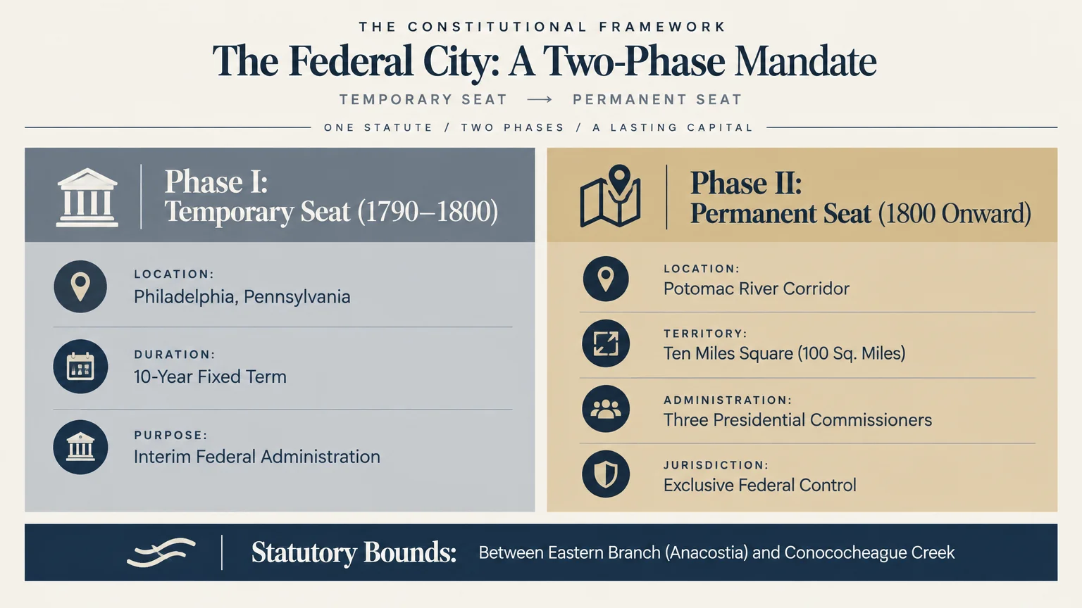 Graphic titled The Federal City: A Two-Phase Mandate comparing Phase I Temporary Seat and Phase II Permanent Seat.