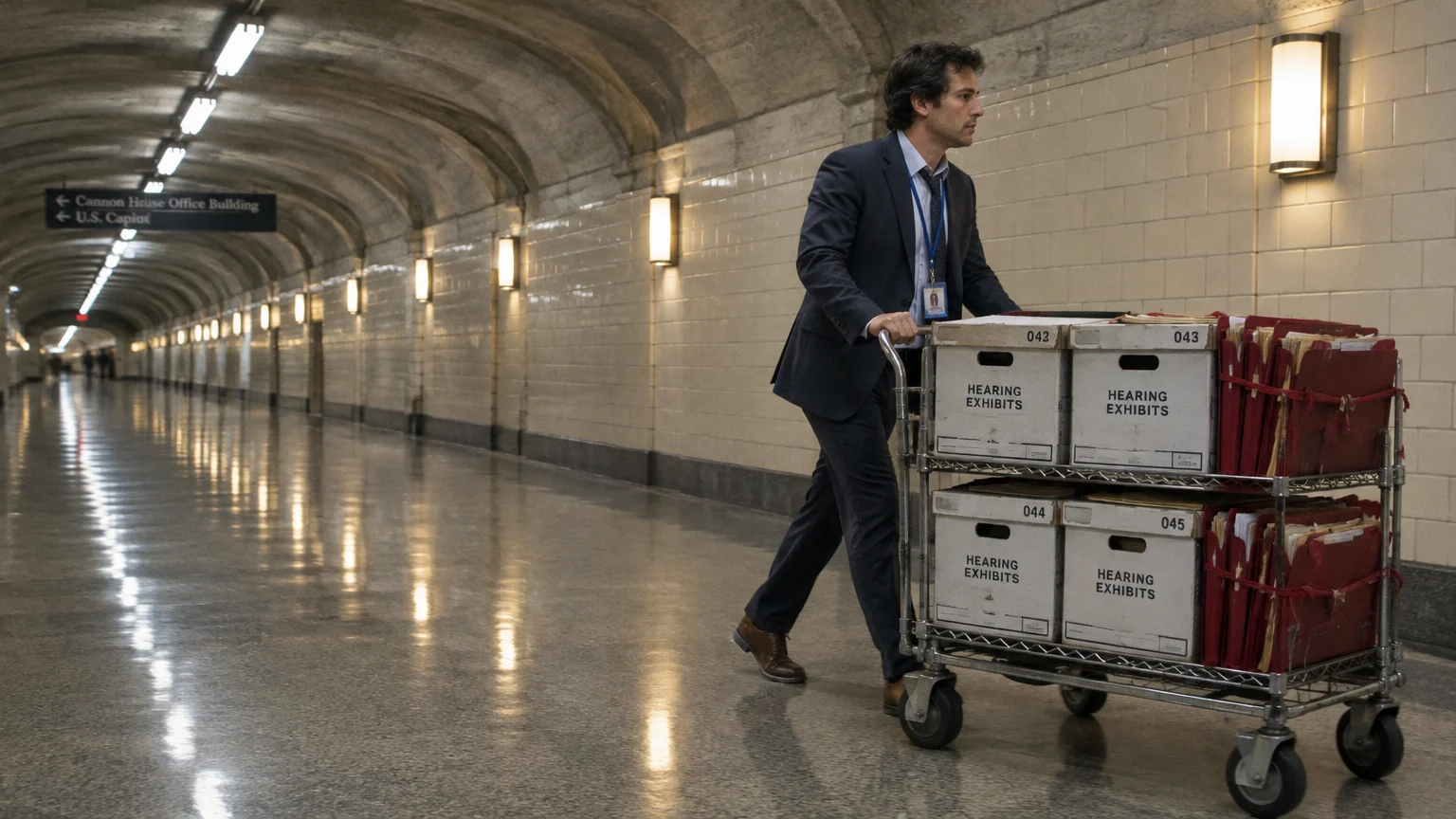 A man in a suit pushes a metal cart loaded with hearing exhibit boxes down a tiled tunnel.
