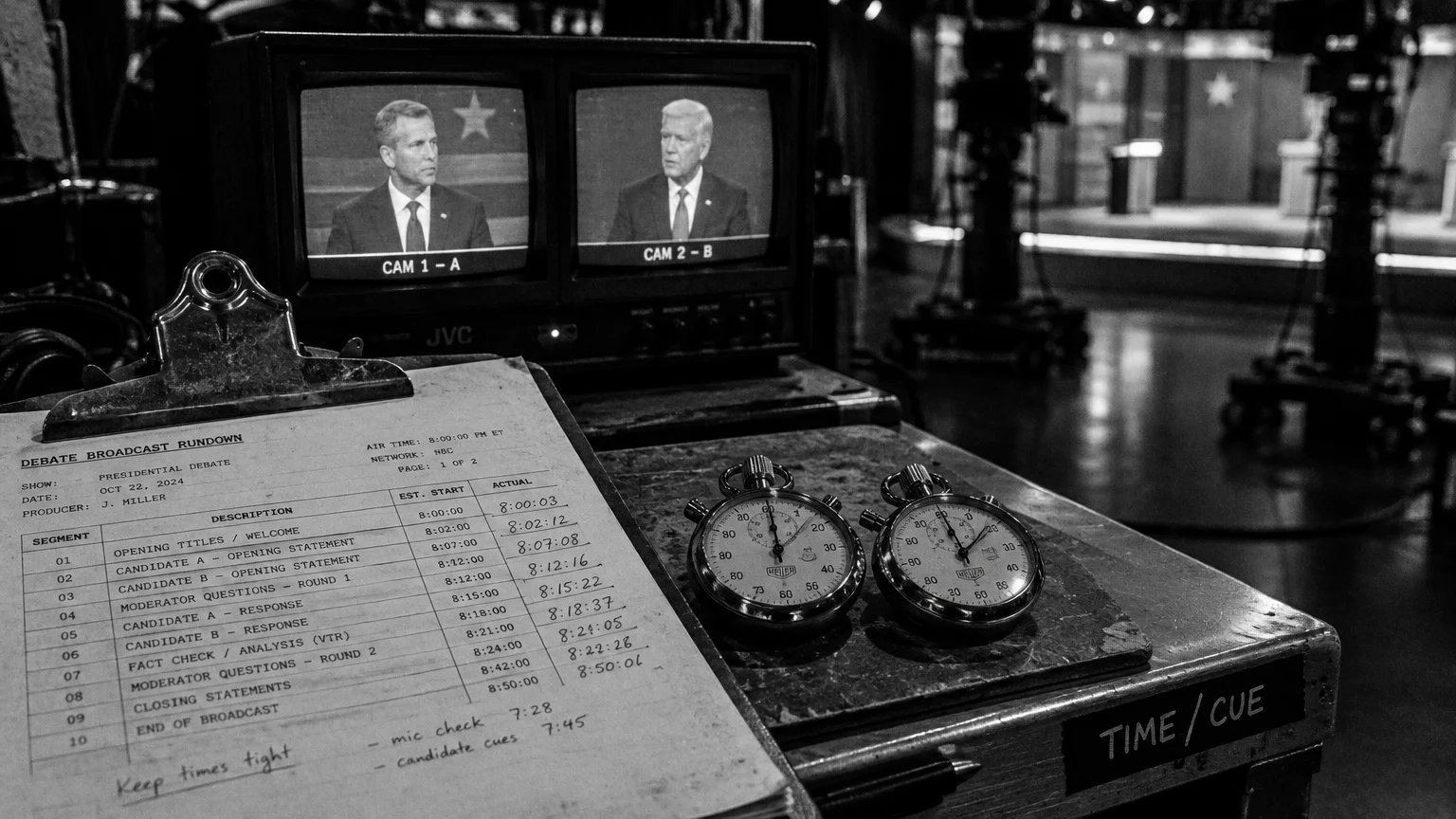 Black-and-white view of television production monitors showing two candidates, a rundown sheet, and two stopwatches.