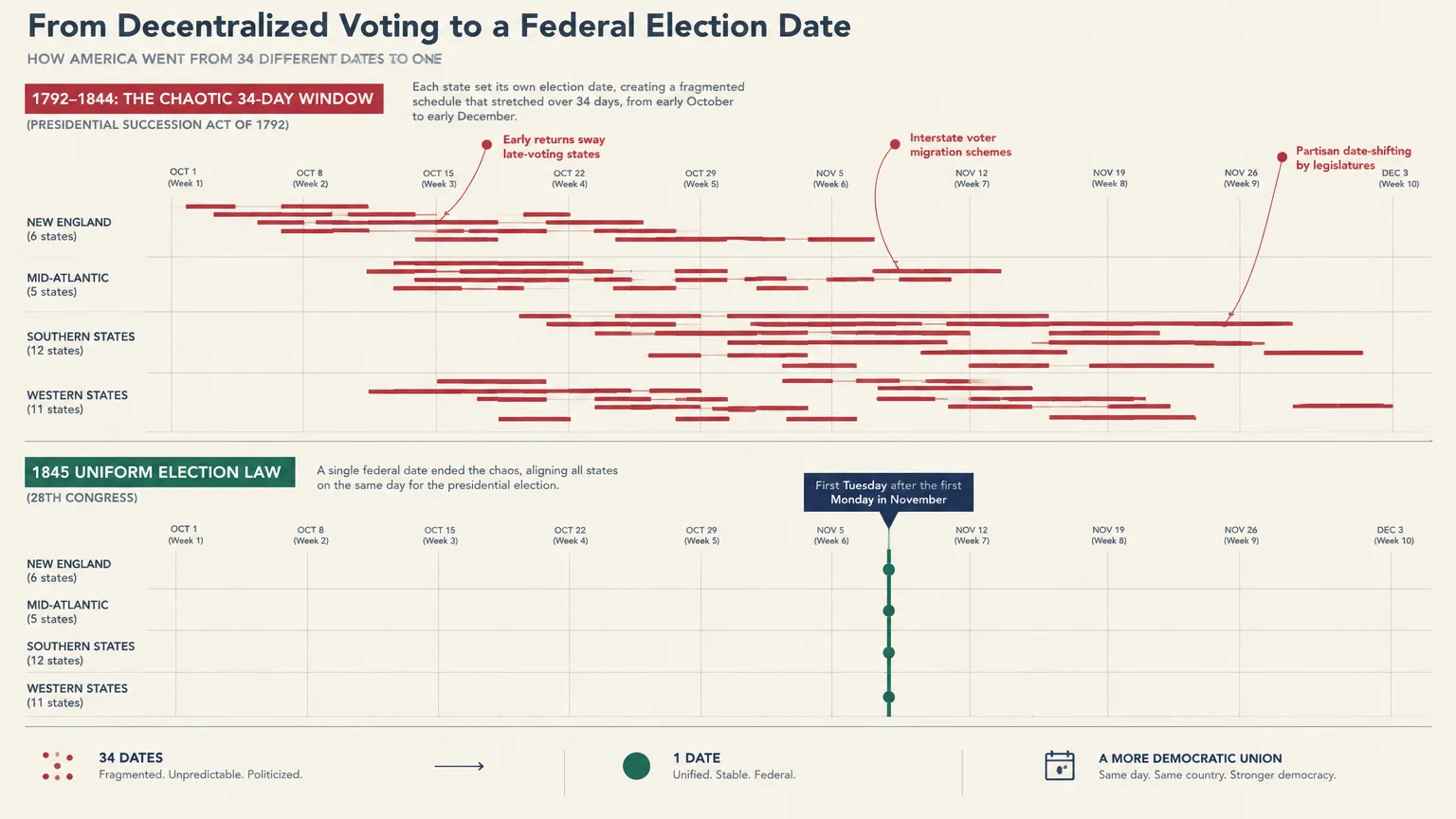 Timeline comparing fragmented voting dates across regions from 1792 to 1844 against a single aligned November date in 1845.